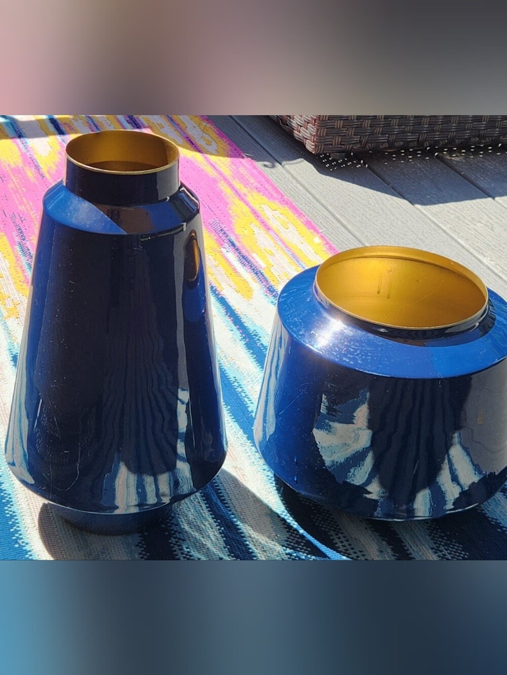 Blue Enamelled Metal Vase Set Of 2